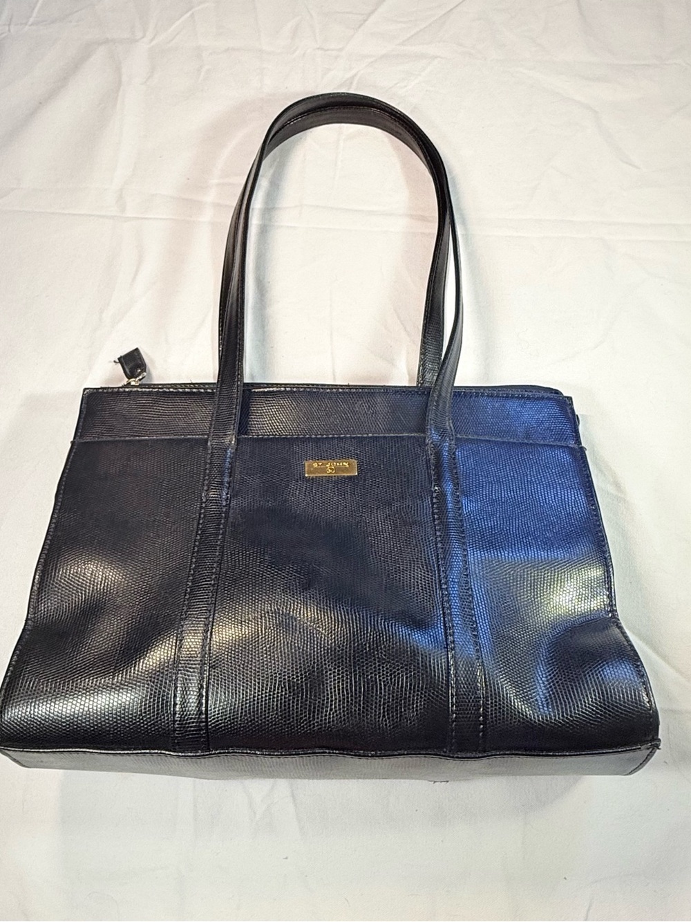 Vintage St John Black Lizard Embossed PVC Tote Bag Gold Hardware Shoulder Purse